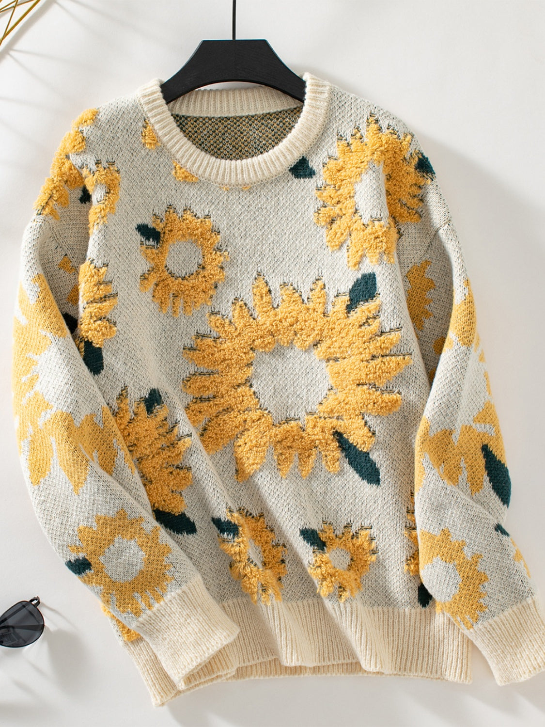 Sunflower Round Neck Long Sleeve Sweater-Angel Casuals