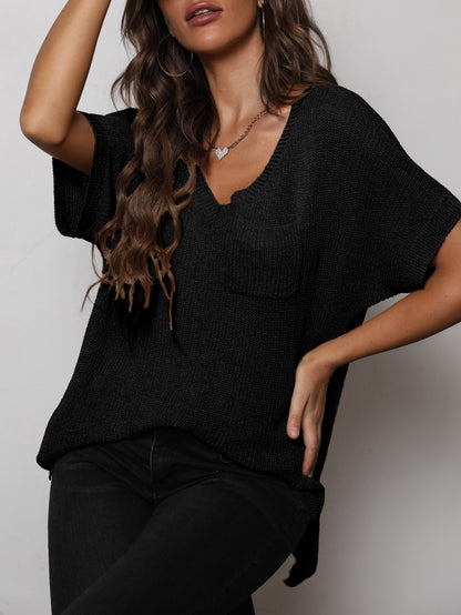 V-Neck Slit High-Low Knit Top-Angel Casuals