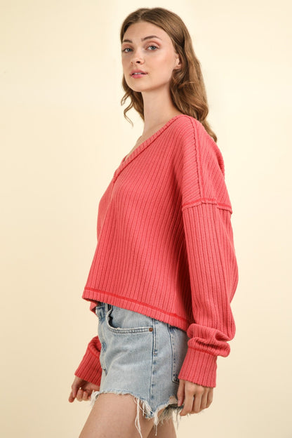 VERY J Exposed Seam V-Neck Ribbed Knit Top-Angel Casuals