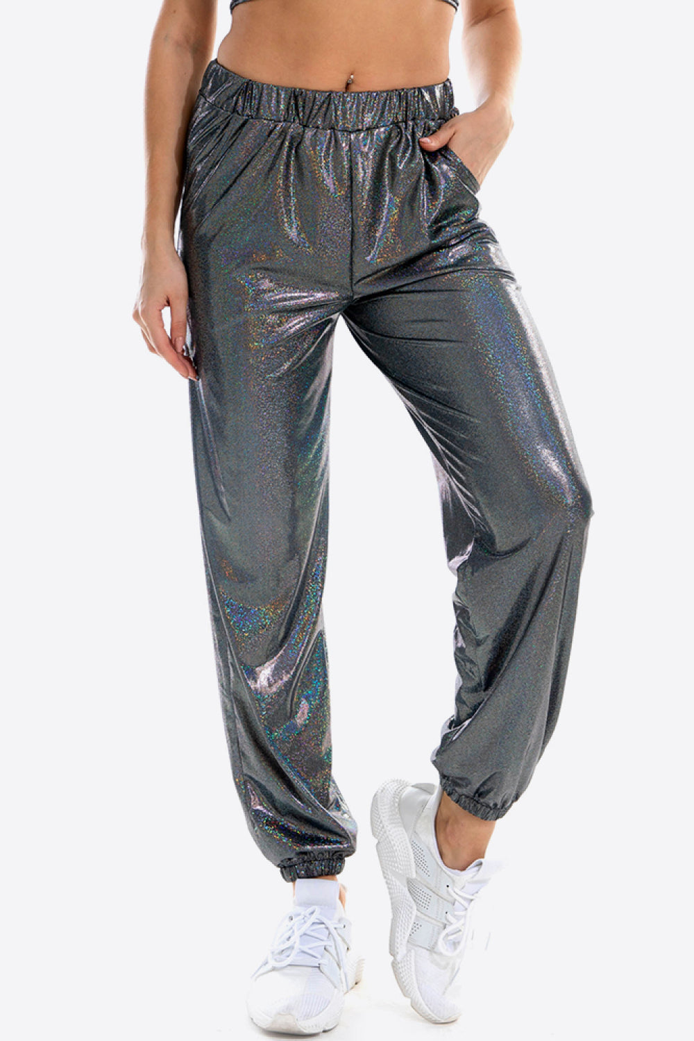 Glitter Elastic Waist Pants with Pockets-Angel Casuals