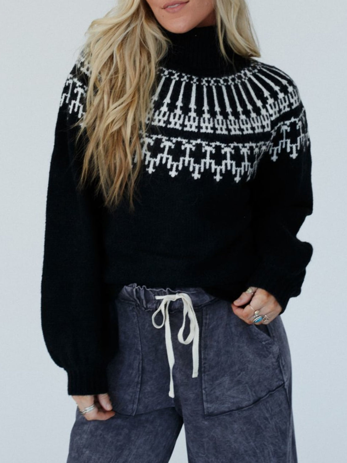 Contrast Turtleneck Long Sleeve Sweater-Angel Casuals