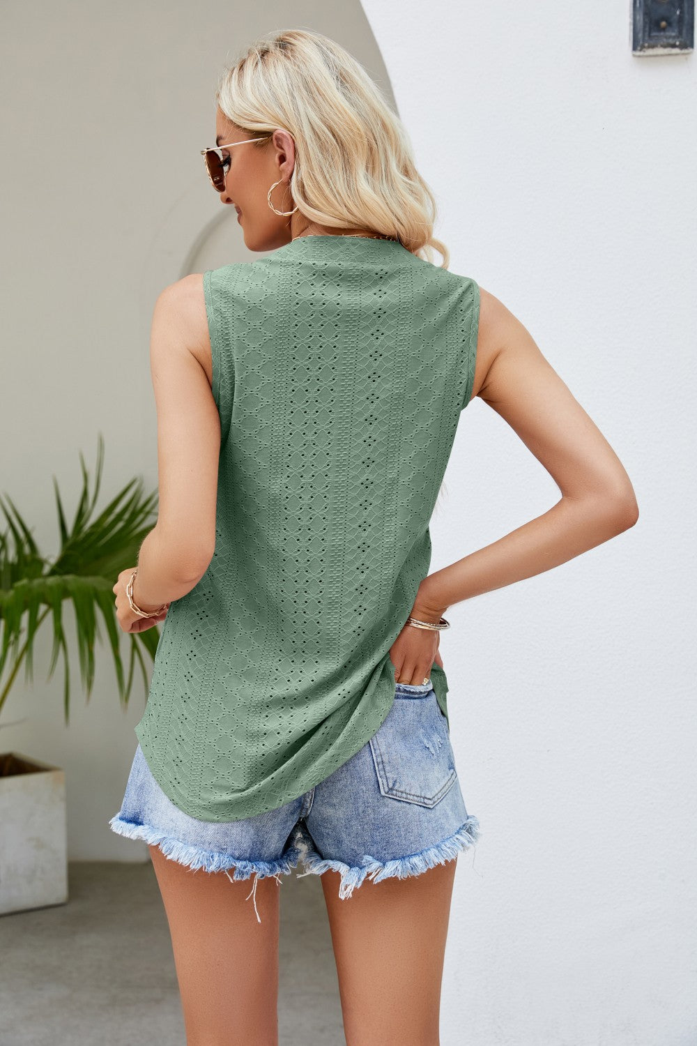 Notched Neck Curved Hem Eyelet Tank-Angel Casuals