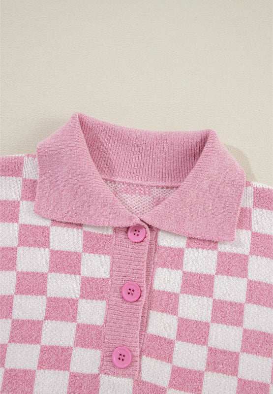 Checkered Collared Neck Long Sleeve Sweater-Angel Casuals