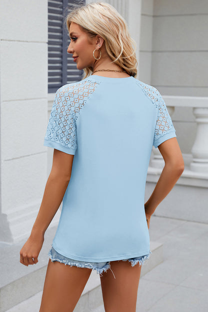 Openwork Round Neck Short Sleeve T-Shirt-Angel Casuals
