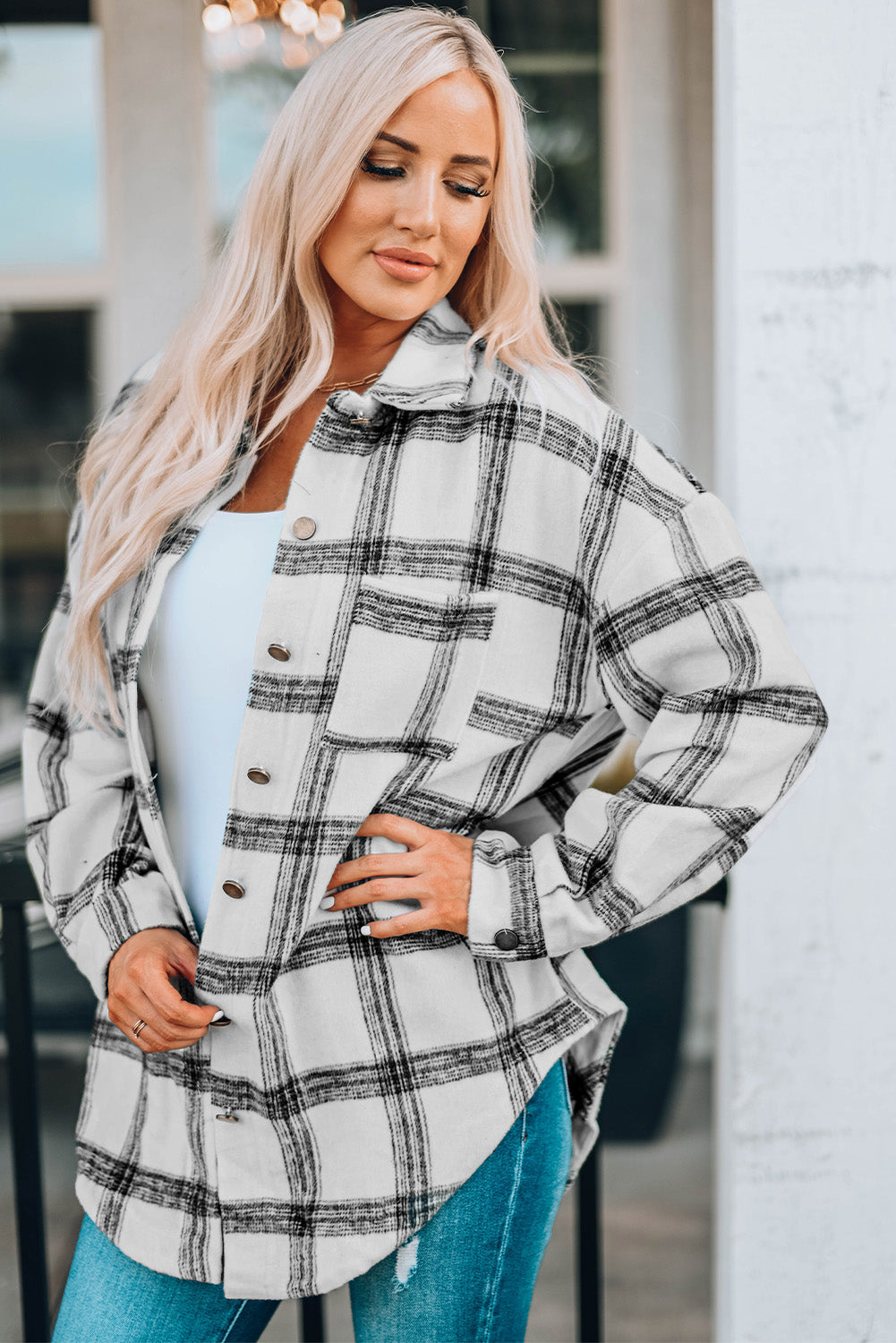 Plaid Curved Hem Dropped Shoulder Longline Shirt Jacket-Angel Casuals