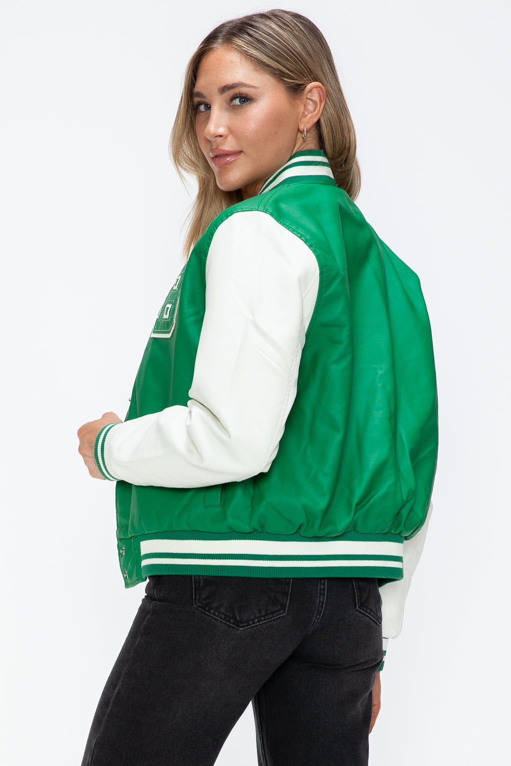 Love Me Now PU Leather Contrast Snap Down Bomber Jacket-Angel Casuals