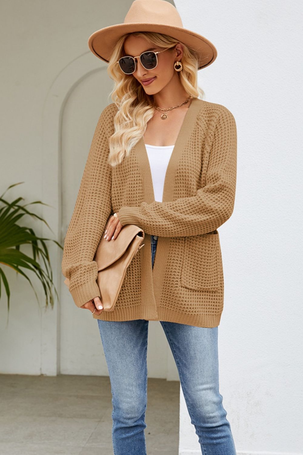 Open Front Raglan Sleeve Pocketed Cardigan-Angel Casuals