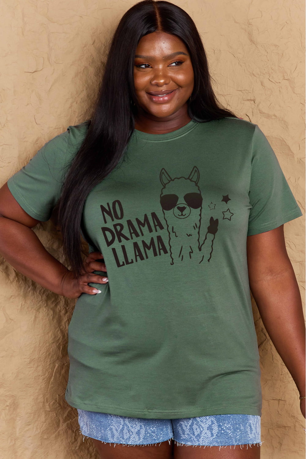 Simply Love Full Size NO DRAMA LLAMA Graphic Cotton Tee-Angel Casuals