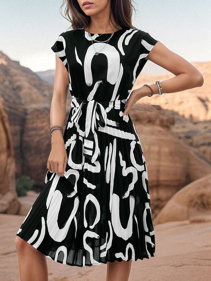 Printed Cap Sleeve Tie Waist Dress-Angel Casuals