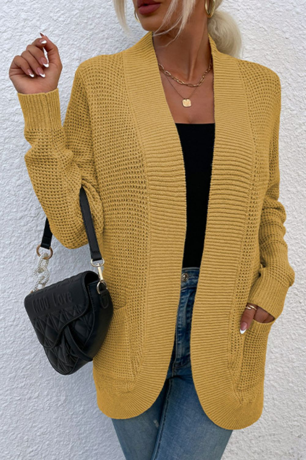 Open Front Rib-Knit Cardigan with Pockets-Angel Casuals