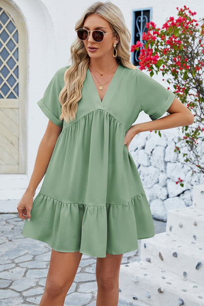 Ruched Tiered V-Neck Short Sleeve Mini Dress-Angel Casuals