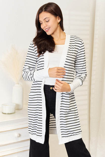 Double Take Striped Open Front Longline Cardigan-Angel Casuals