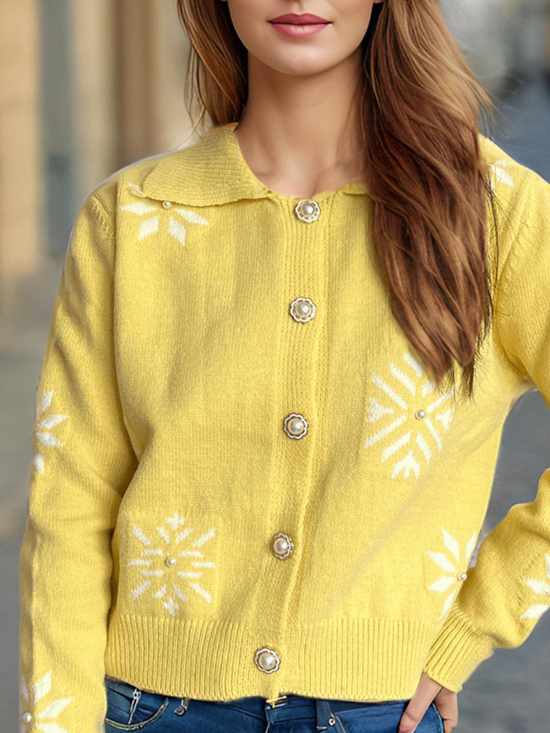 Pearl Trim Collared Neck Long Sleeve Cardigan-Angel Casuals