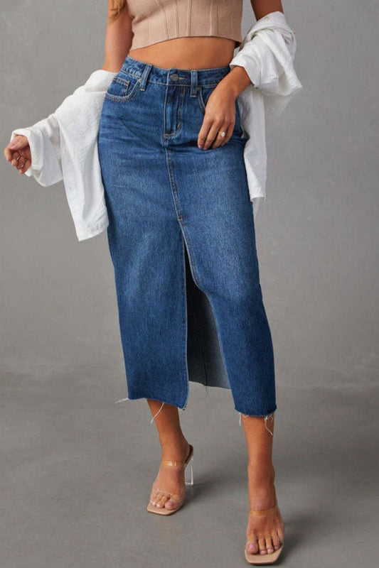 Slit Raw Hem Midi Denim Skirt-Angel Casuals