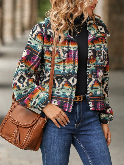 Geometric Dropped Shoulder Balloon Sleeve Outerwear-Angel Casuals