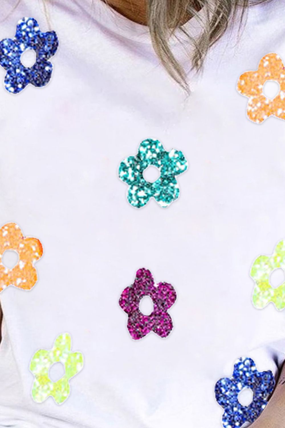 Sequin Flower Round Neck Short Sleeve T-Shirt-Angel Casuals