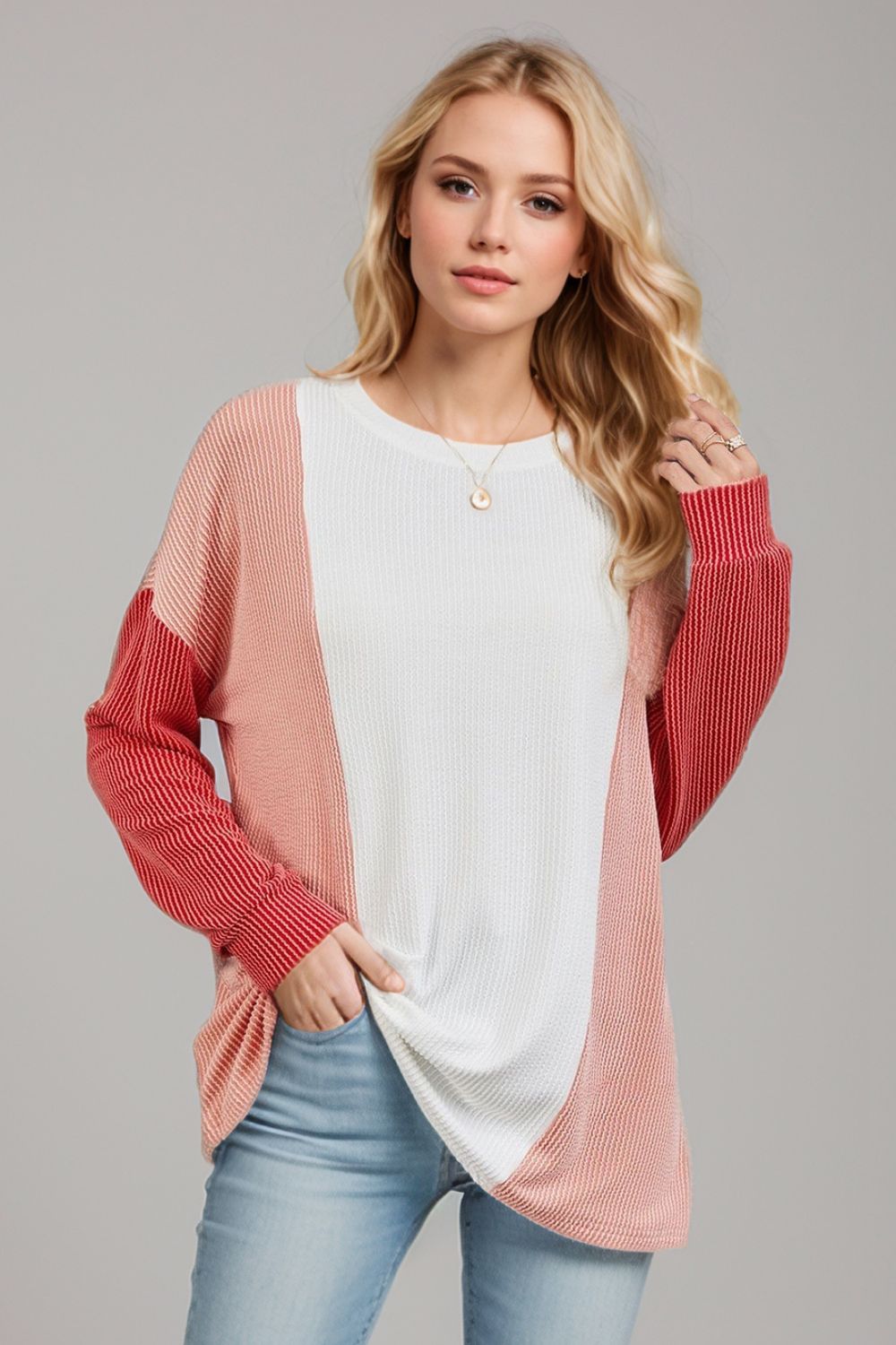 Double Take Texture Contrast Round Neck Long Sleeve T-Shirt-Angel Casuals