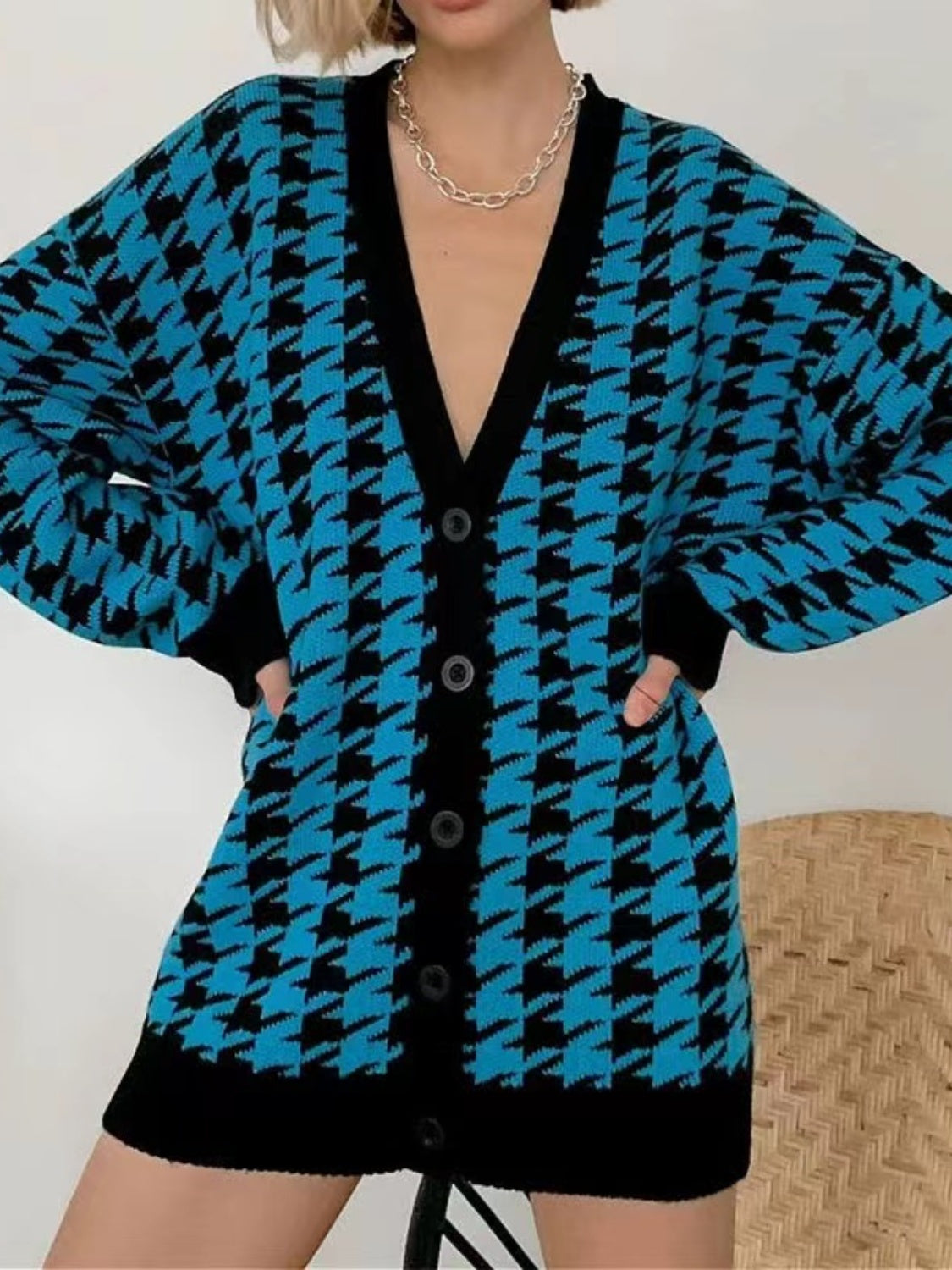 Houndstooth Button Up Long Sleeve Cardigan-Angel Casuals