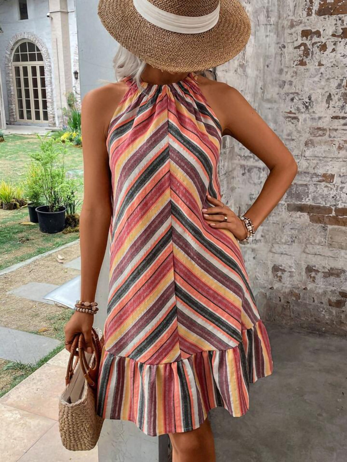 Striped Grecian Neck Dress-Angel Casuals