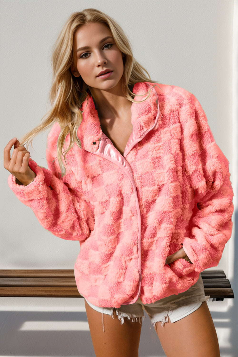 Double Take Checkered Long Sleeve Fuzzy Jacket-Angel Casuals