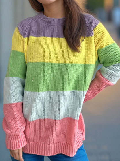 Color Block Round Neck Long Sleeve Sweater-Angel Casuals