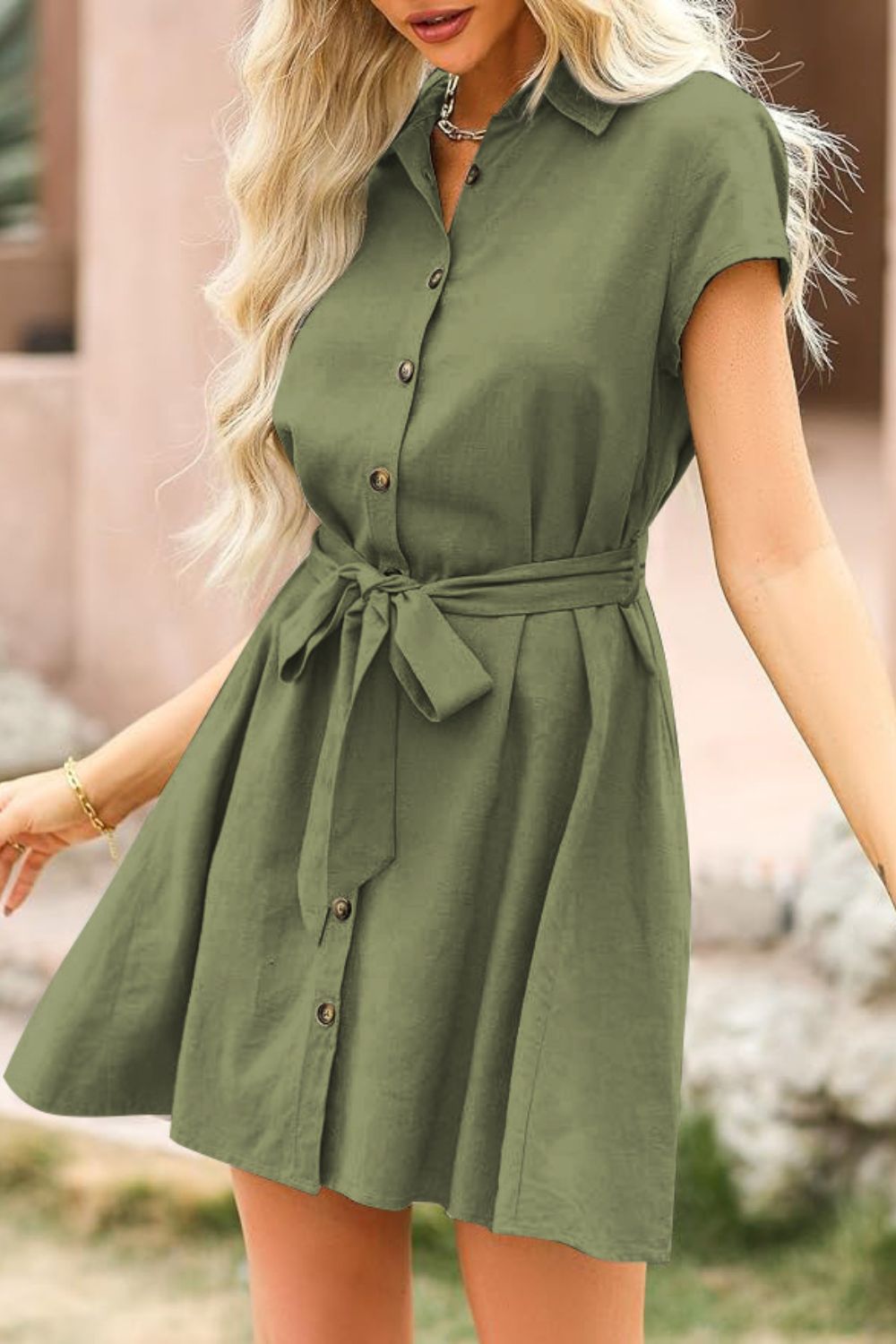 Tied Button Up Short Sleeve Dress-Angel Casuals