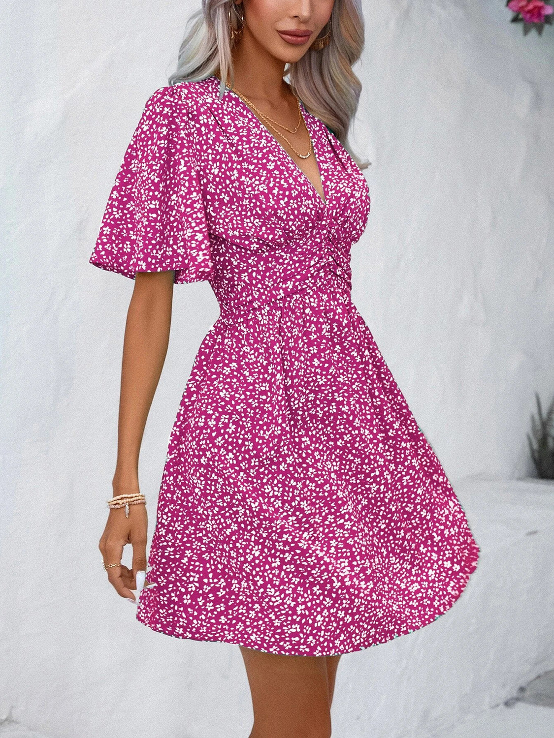 Printed V-Neck Half Sleeve Mini Dress-Angel Casuals