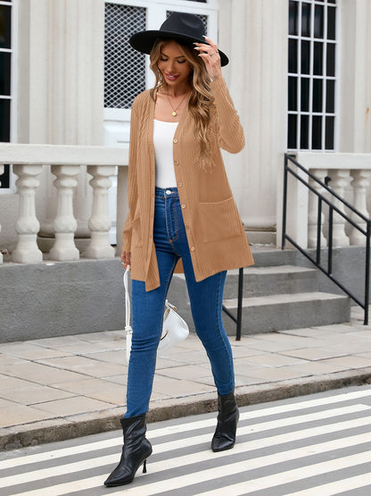 Ribbed Button Down V-Neck Long Sleeve Cardigan-Angel Casuals