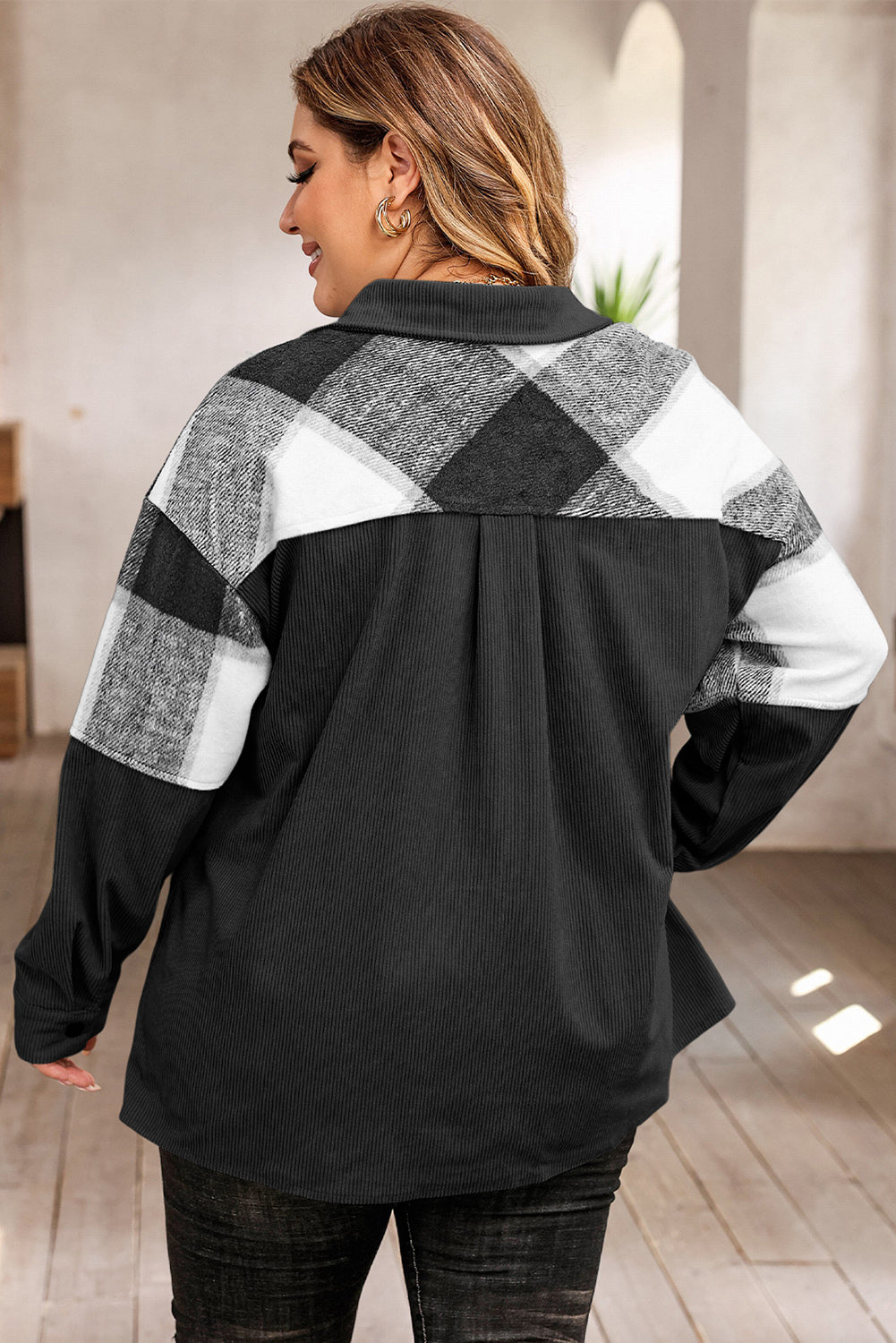 Plus Size Plaid Snap Down Jacket with Pockets-Angel Casuals