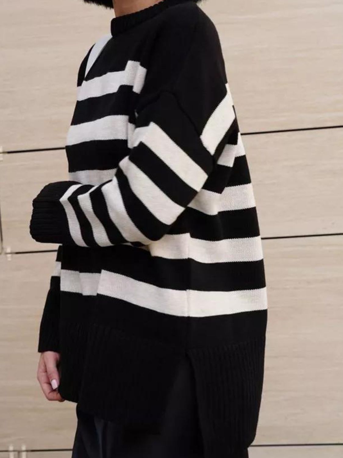 Slit Striped Round Neck Sweater-Angel Casuals