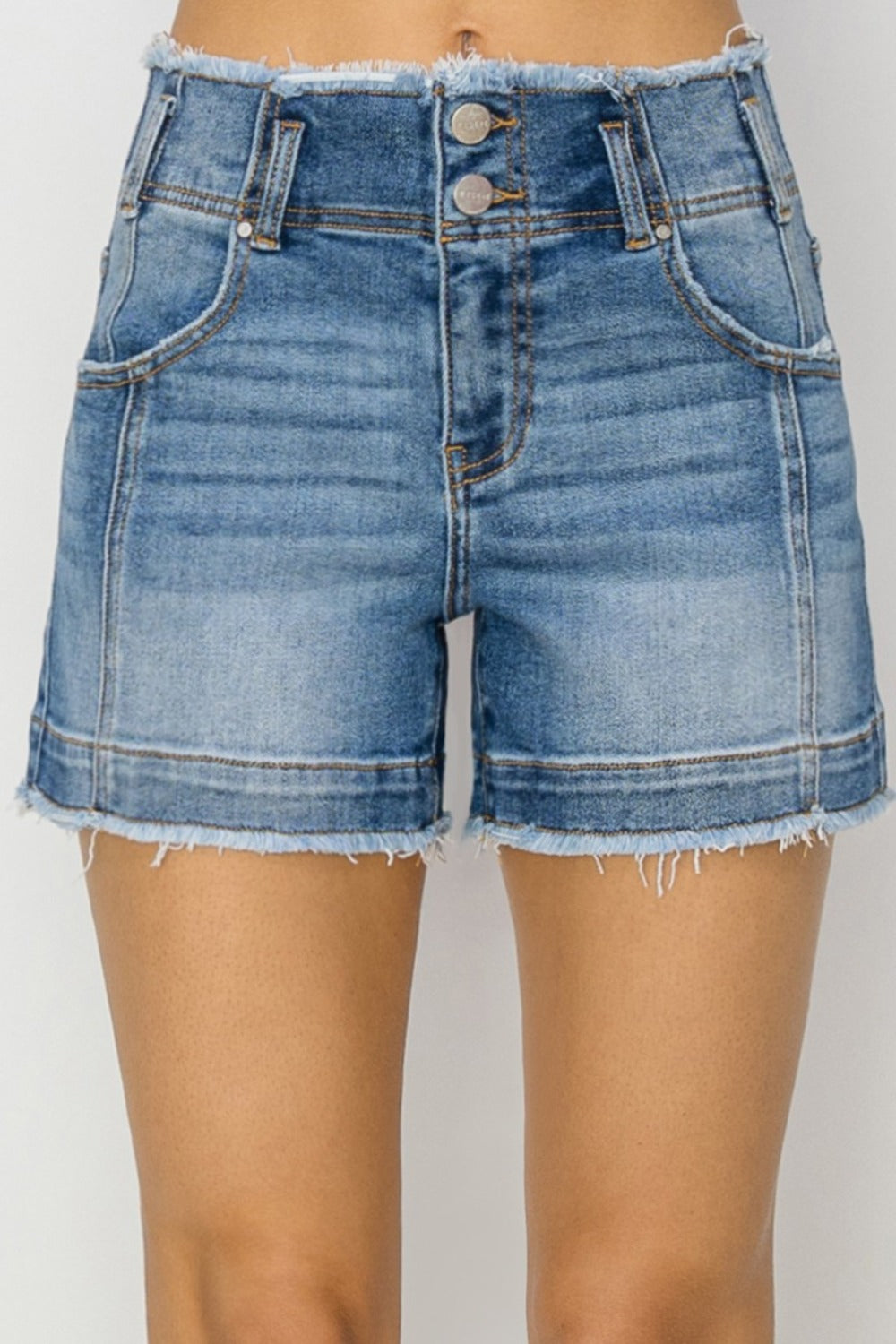 RISEN High Rise Seam Detailed Raw Edge Denim Shorts-Angel Casuals