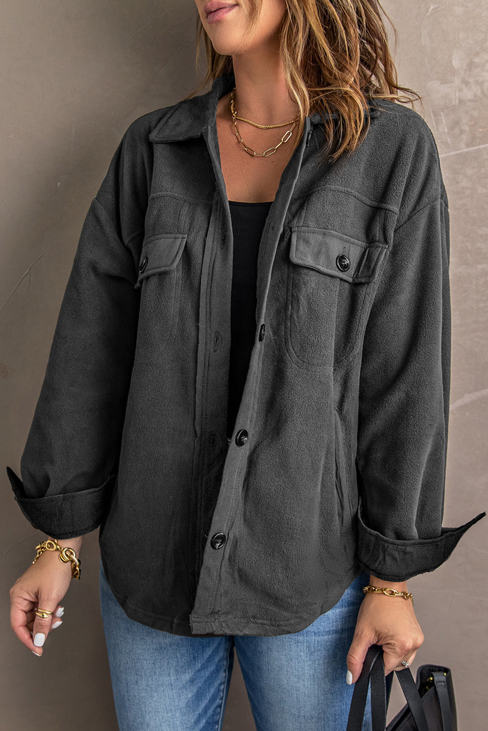 Button Up Collared Neck Long Sleeve Jacket-Angel Casuals