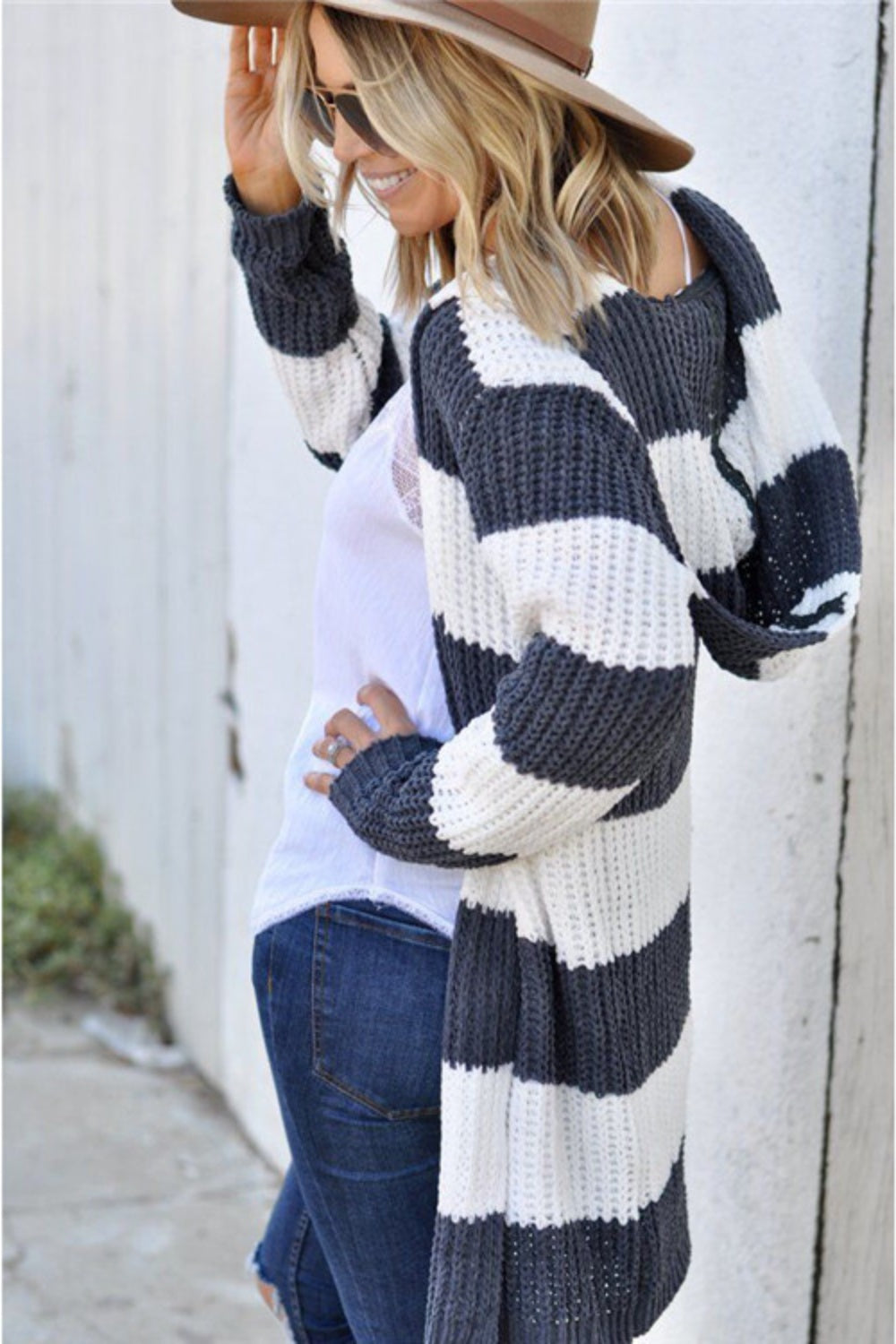 Contrast Stripes Open Front Long Sleeve Cardigan-Angel Casuals