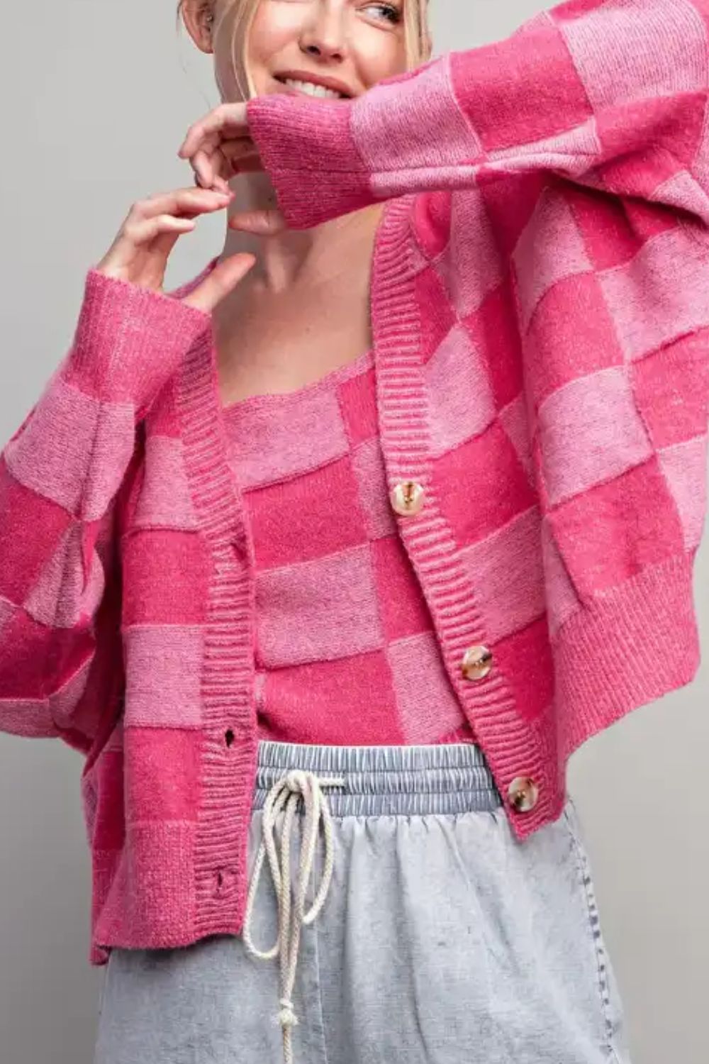 Checkered V-Neck Long Sleeve Cardigan-Angel Casuals