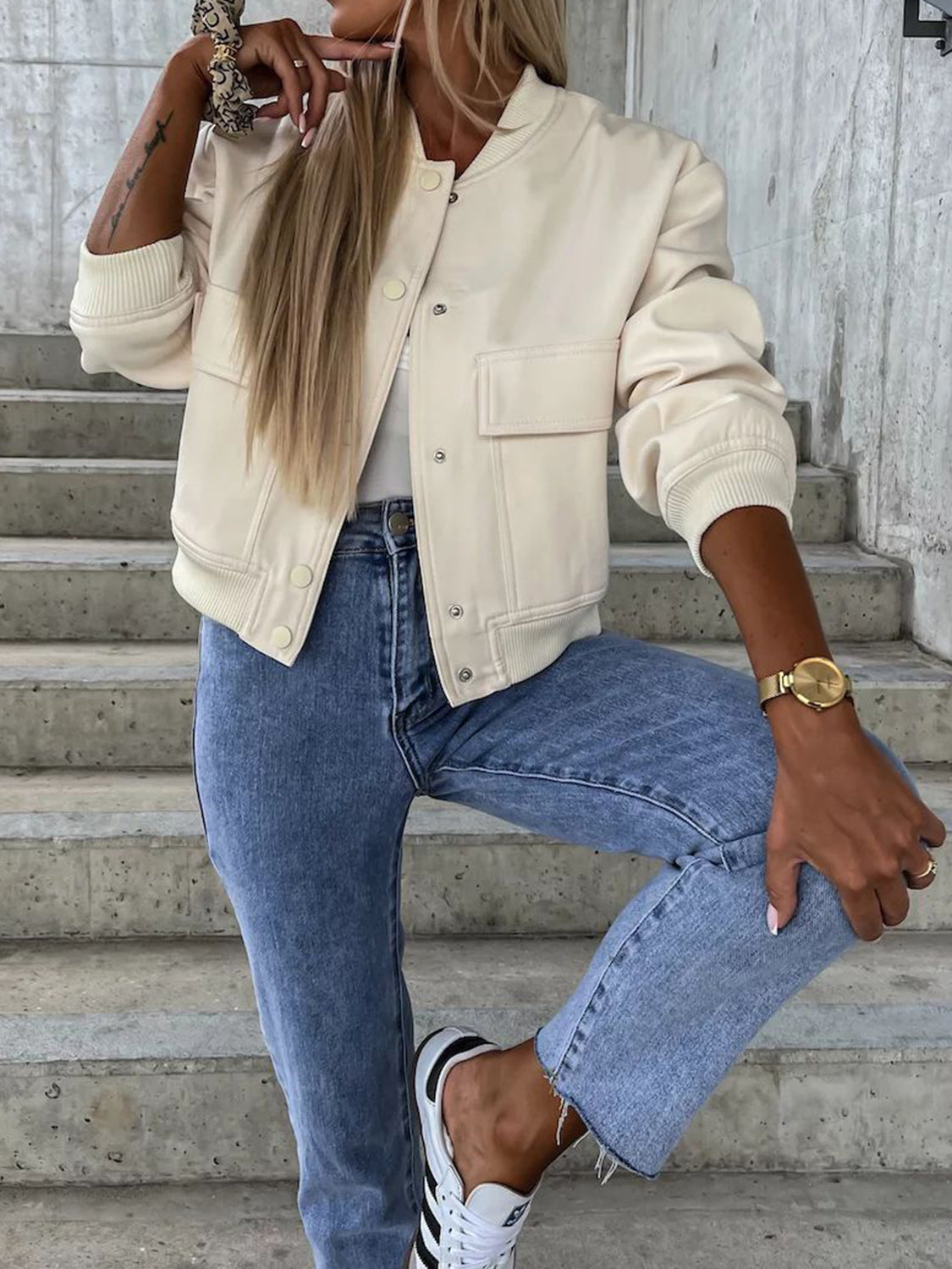 Baseball Collar Dropped Shoulder Jacket-Angel Casuals