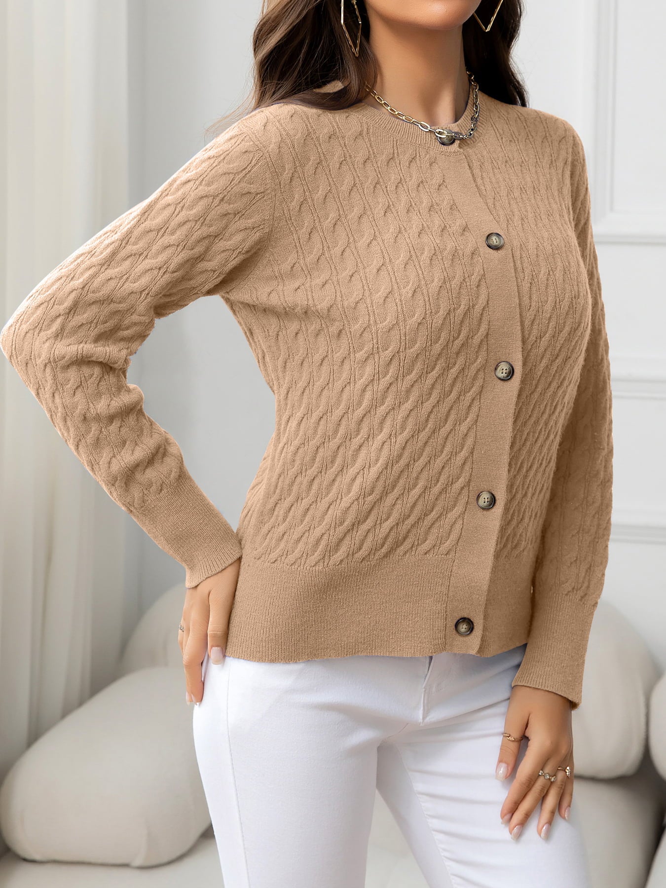 Round Neck Cable-Knit Buttoned Knit Top-Angel Casuals