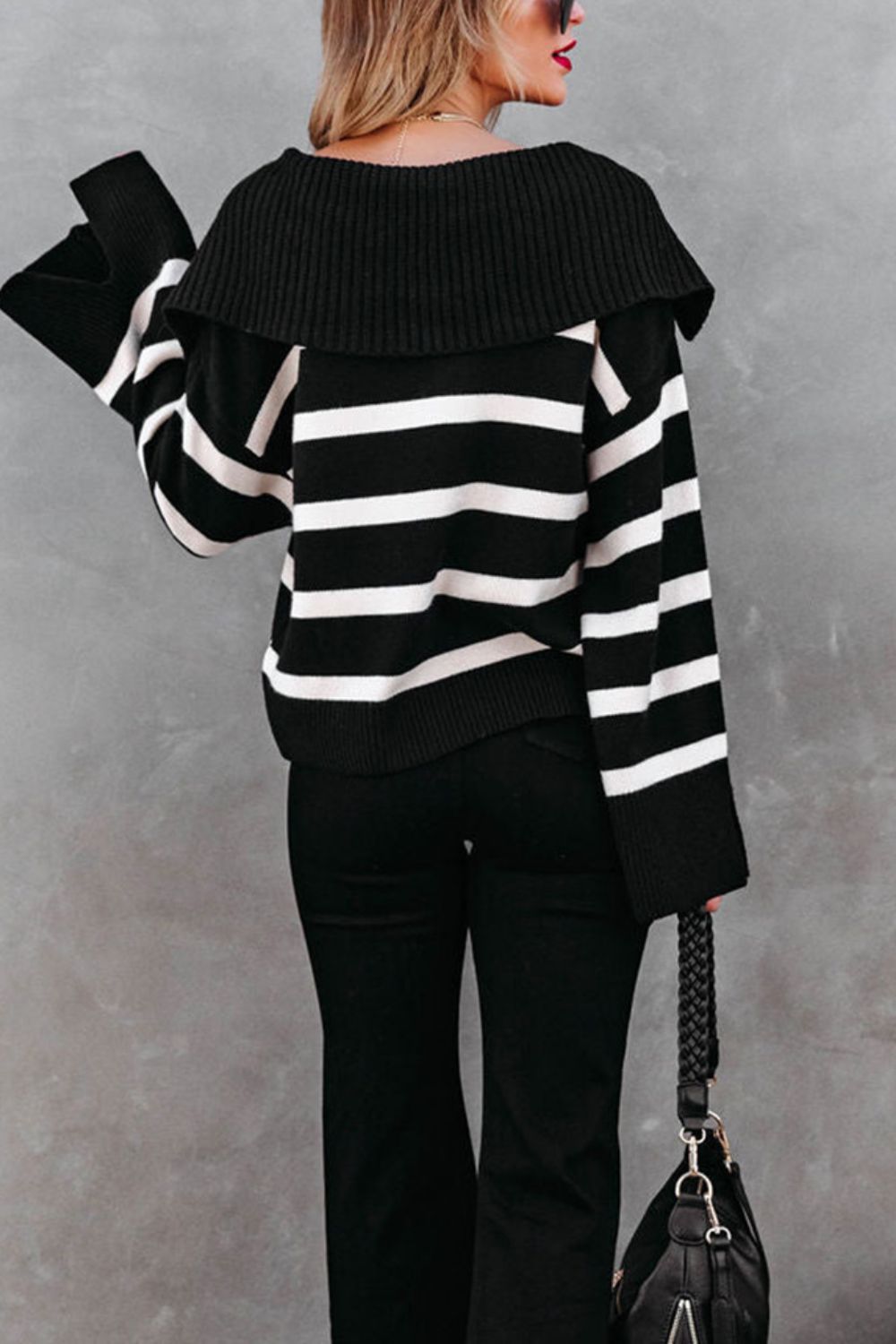 Striped Johnny Collar Long Sleeve Sweater-Angel Casuals