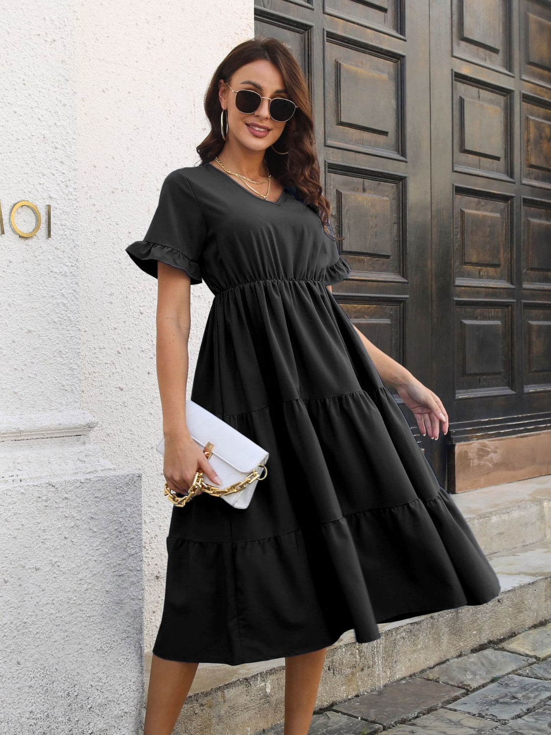 V-Neck Short Sleeve Midi Dress-Angel Casuals