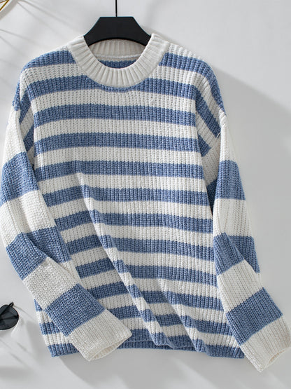 Striped Round Neck Long Sleeve Sweater-Angel Casuals