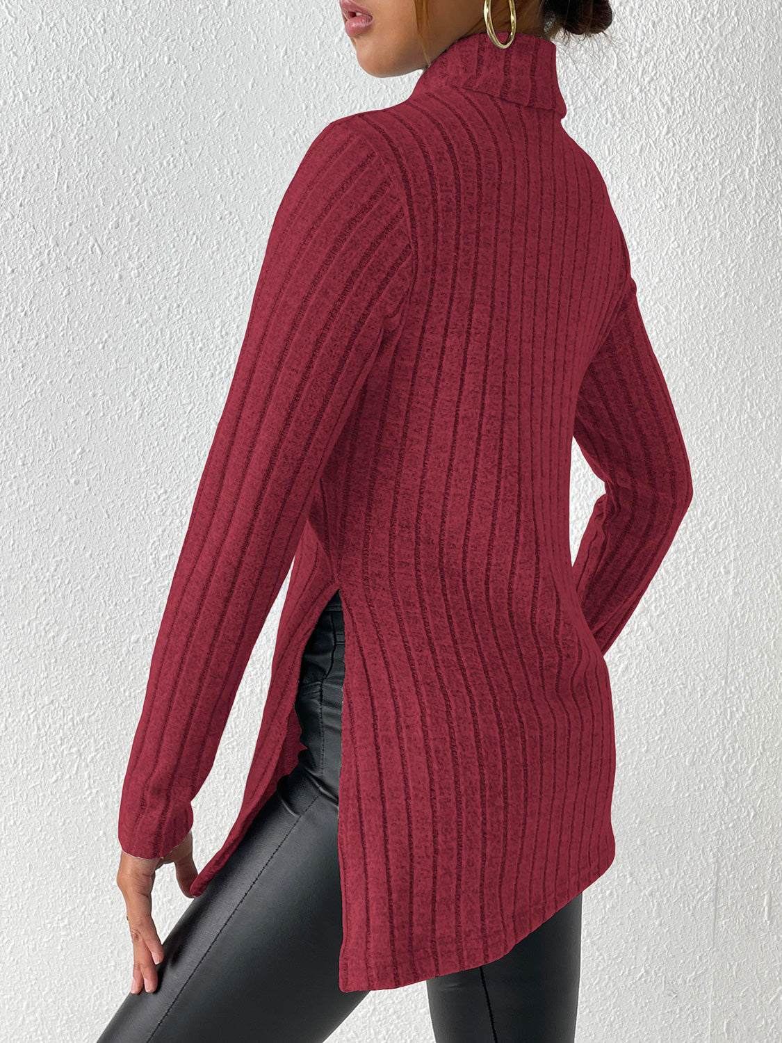 Ribbed Turtleneck Long Sleeve Slit T-Shirt-Angel Casuals