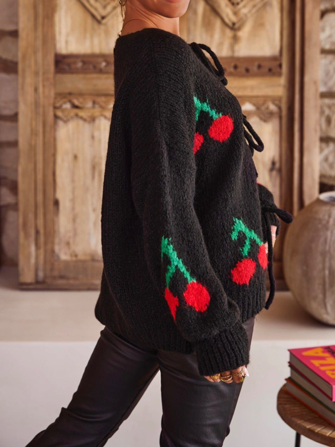 Tied Cherry Round Neck Long Sleeve Cardigan-Angel Casuals