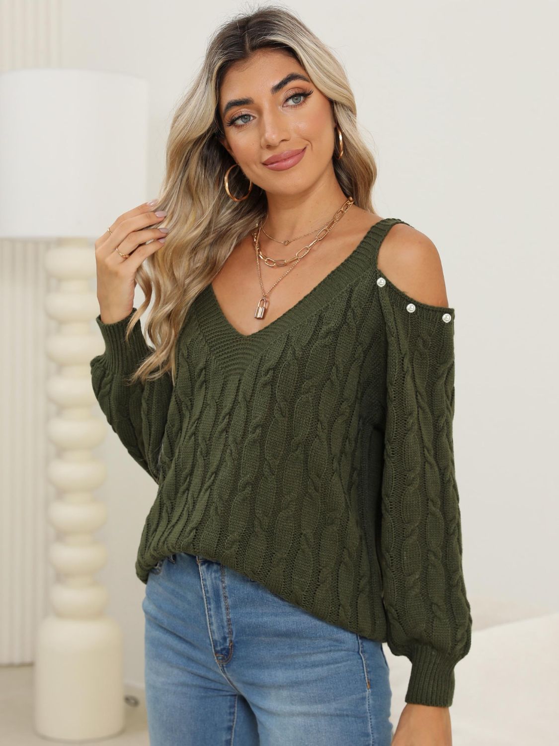 Cable-Knit Cold Shoulder Sweater-Angel Casuals