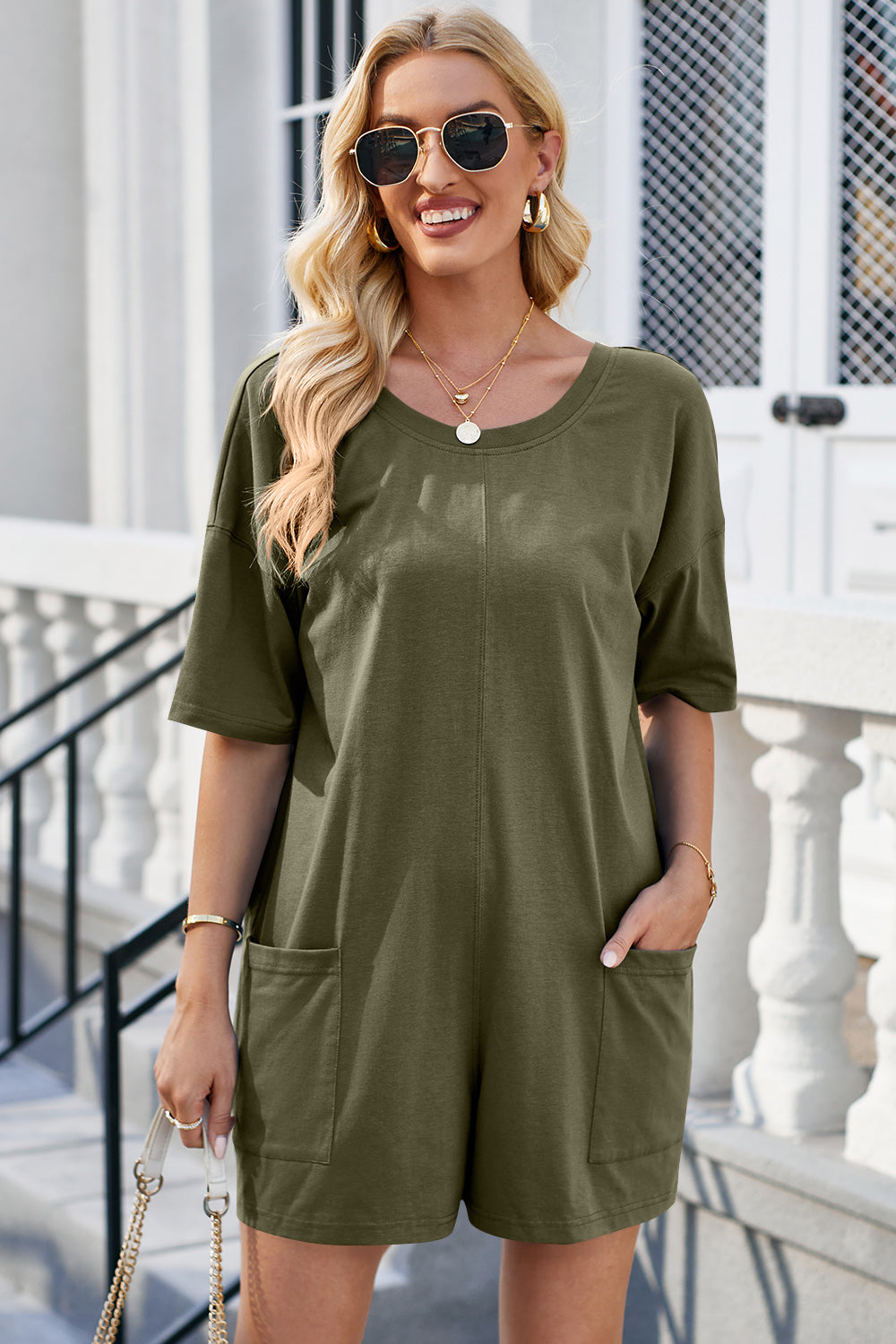 Backless Round Neck Half Sleeve Romper-Angel Casuals