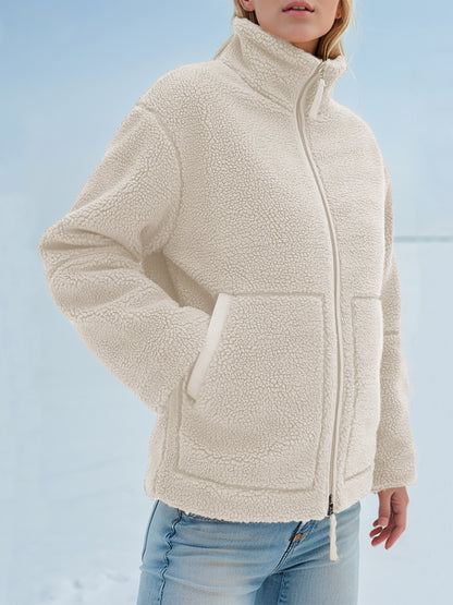 Turtleneck Zip Up Long Sleeve Plush Jacket-Angel Casuals