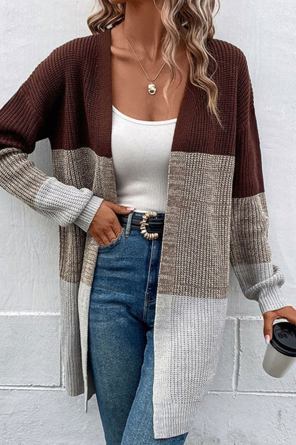 Woven Right Color Block Open Front Rib-Knit Longline Cardigan-Angel Casuals