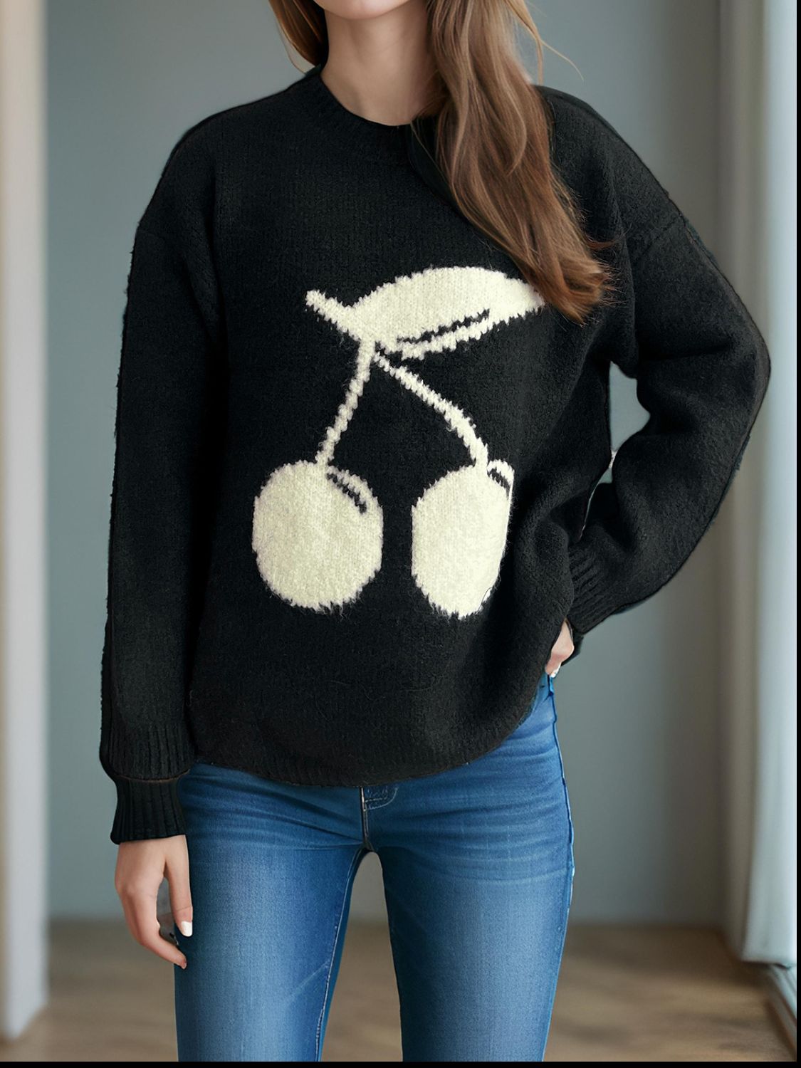 Cherry Round Neck Long Sleeve Sweater-Angel Casuals