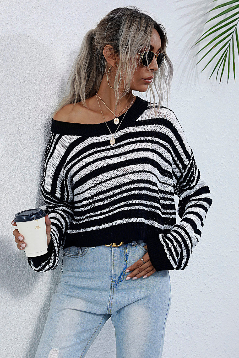 Perfee Striped Round Neck Dropped Shoulder Sweater-Angel Casuals