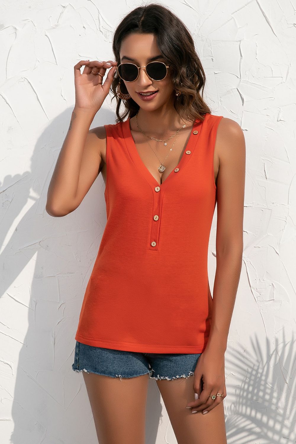 Buttoned Deep V Tank-Angel Casuals