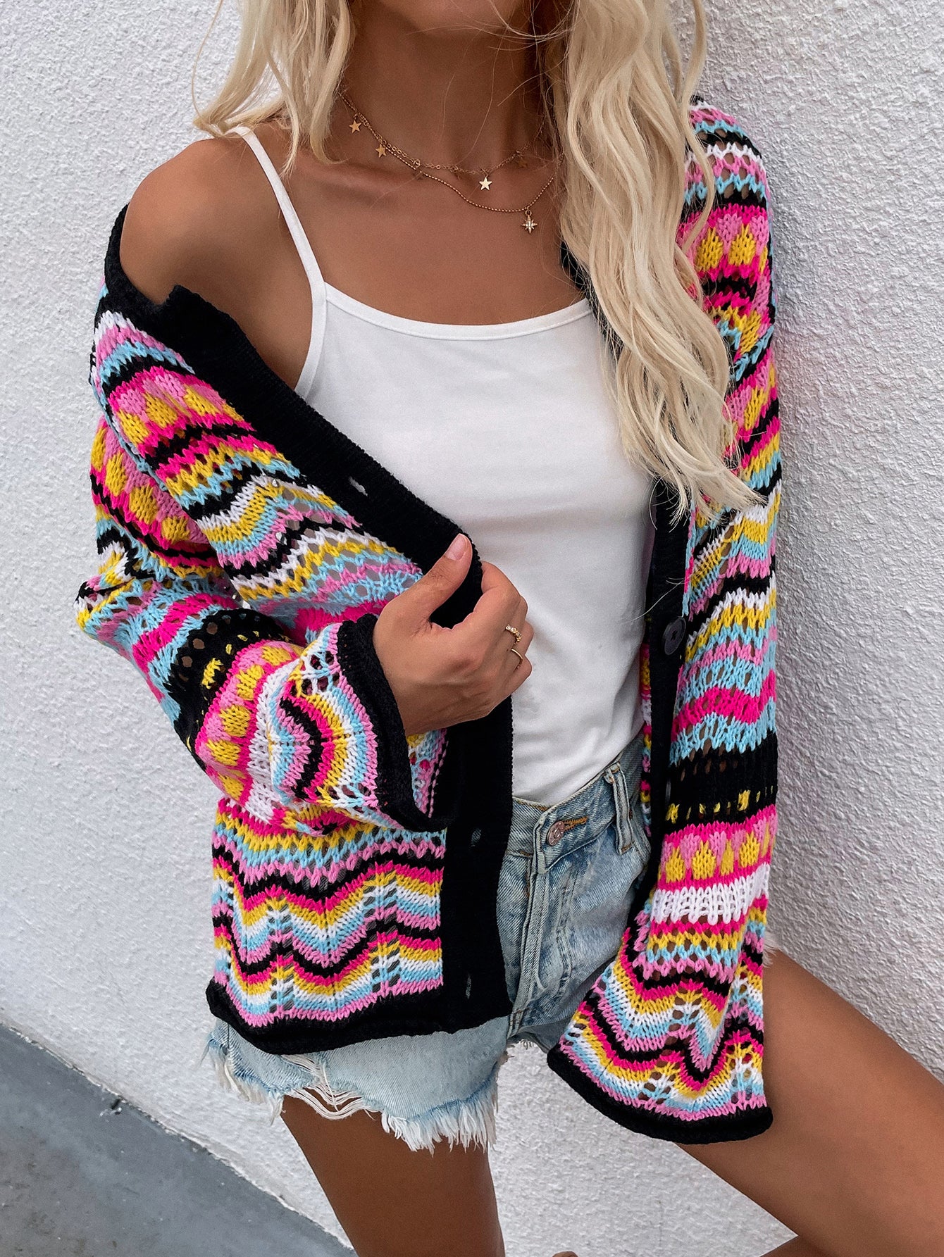 Chevron Stripes Openwork Cardigan-Angel Casuals