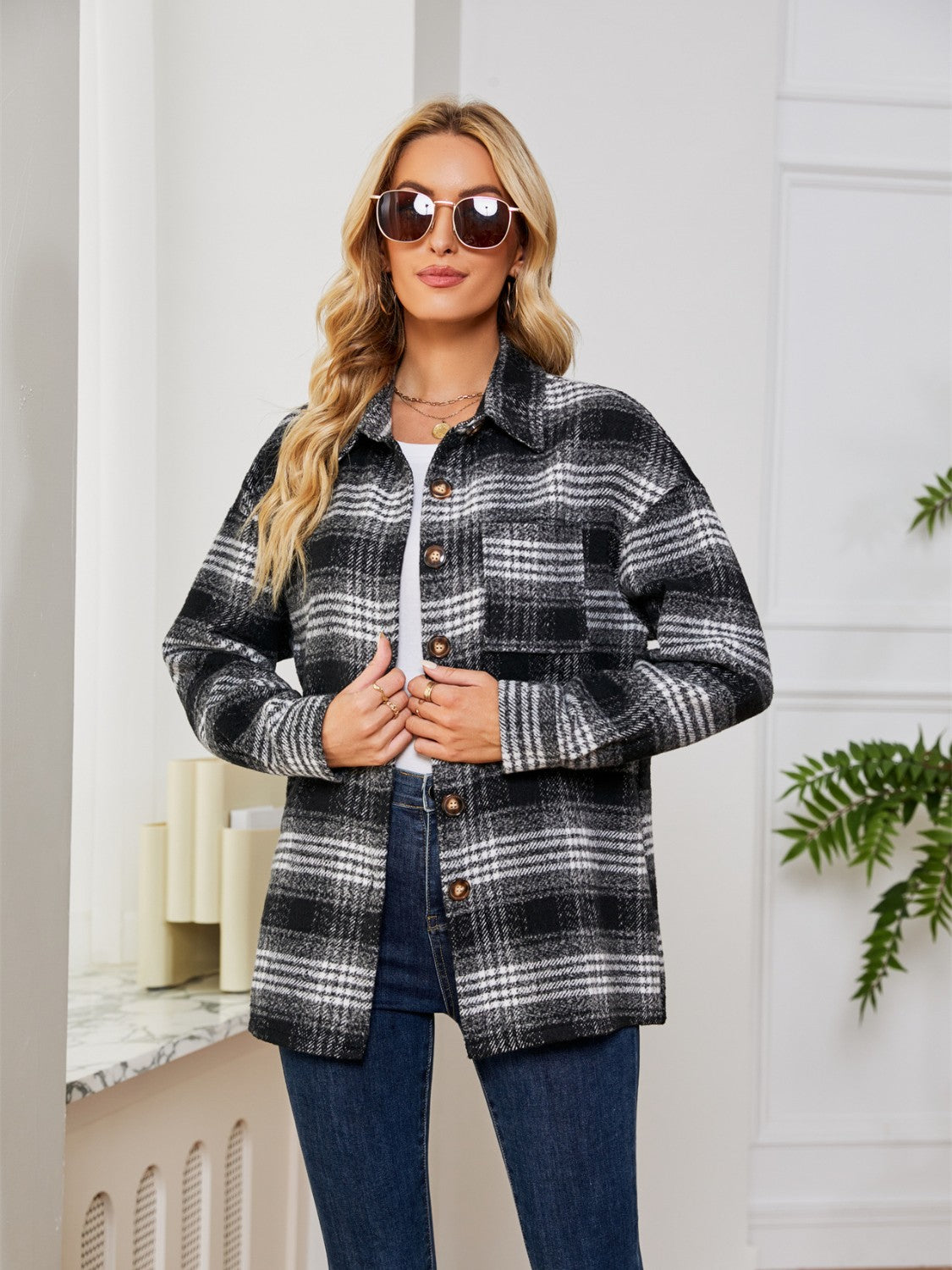 Plaid Collared Shirt Jacket-Angel Casuals